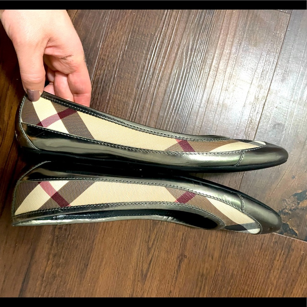 Burberry flats plaid canvas metallic leather trim